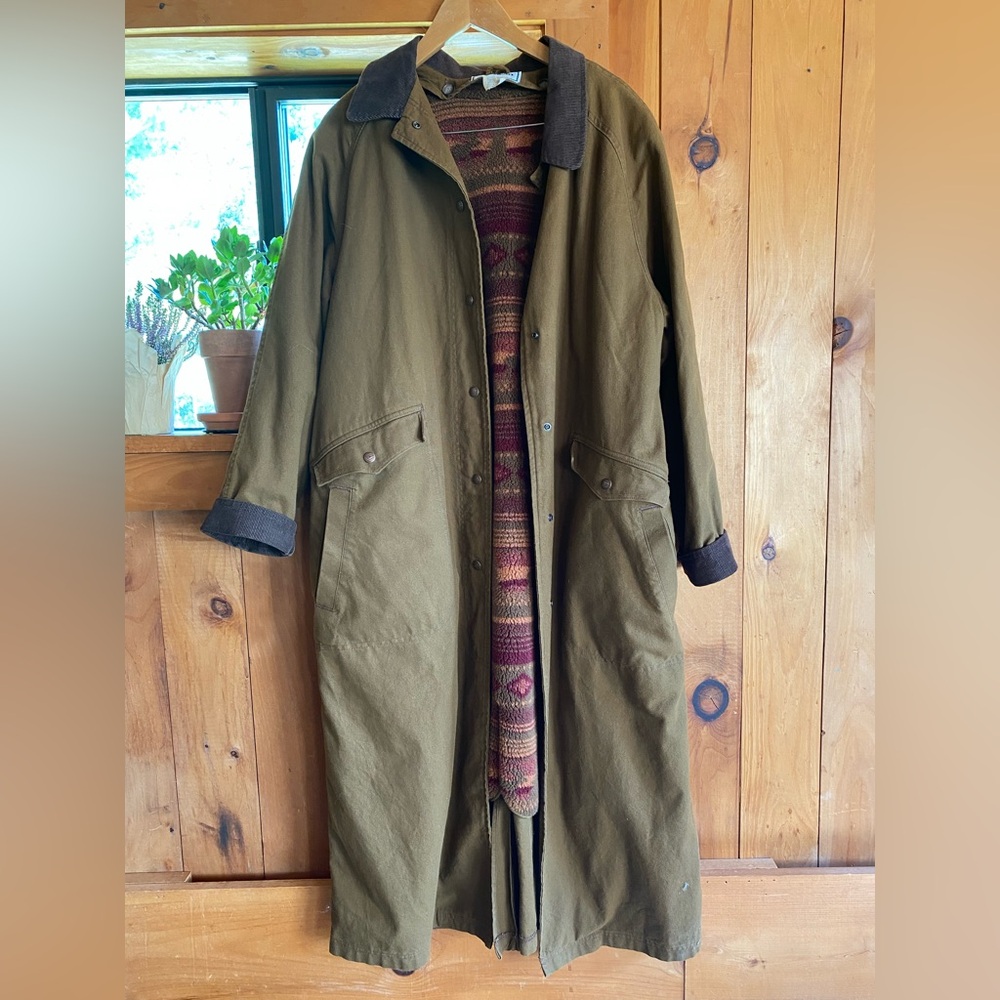 L.L. Bean Olive Trench Coat with Dark Brown Collar